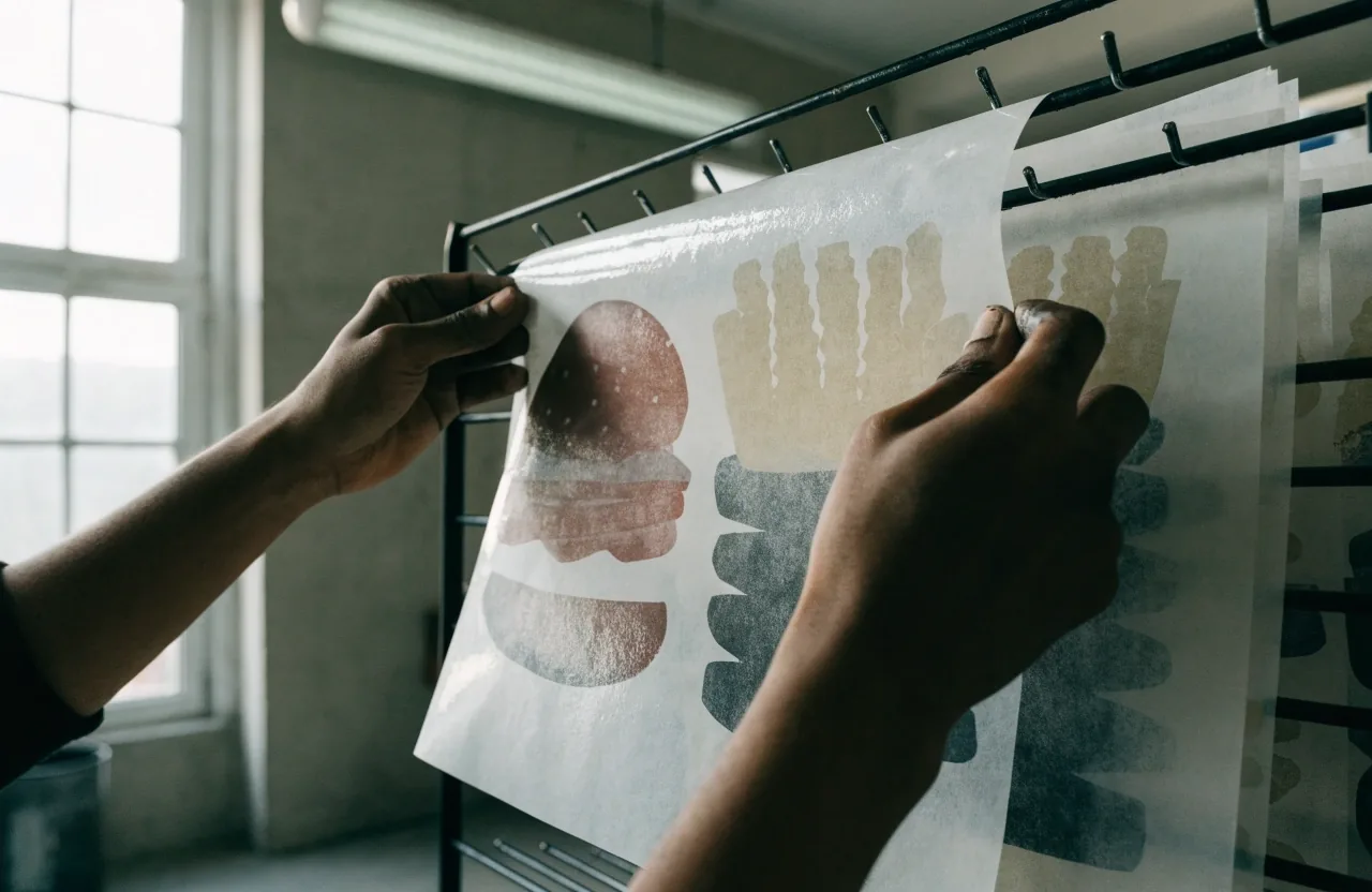 A fanned stack of matte proof sheets with a printed burger and shake silhouette, an ink roller resting on top
