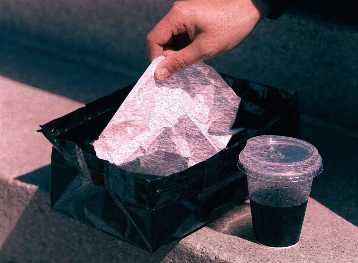 An insulated delivery bag on a concrete doorstep beside a closed drink cup with condensation