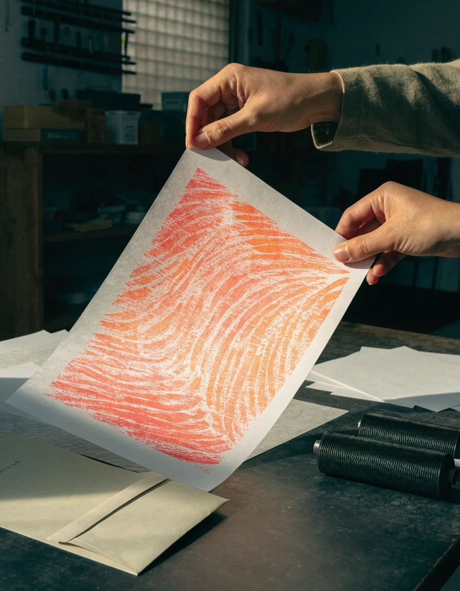 Hands lifting a freshly printed sheet from a studio table beside a stack of proof pages and a sealed envelope