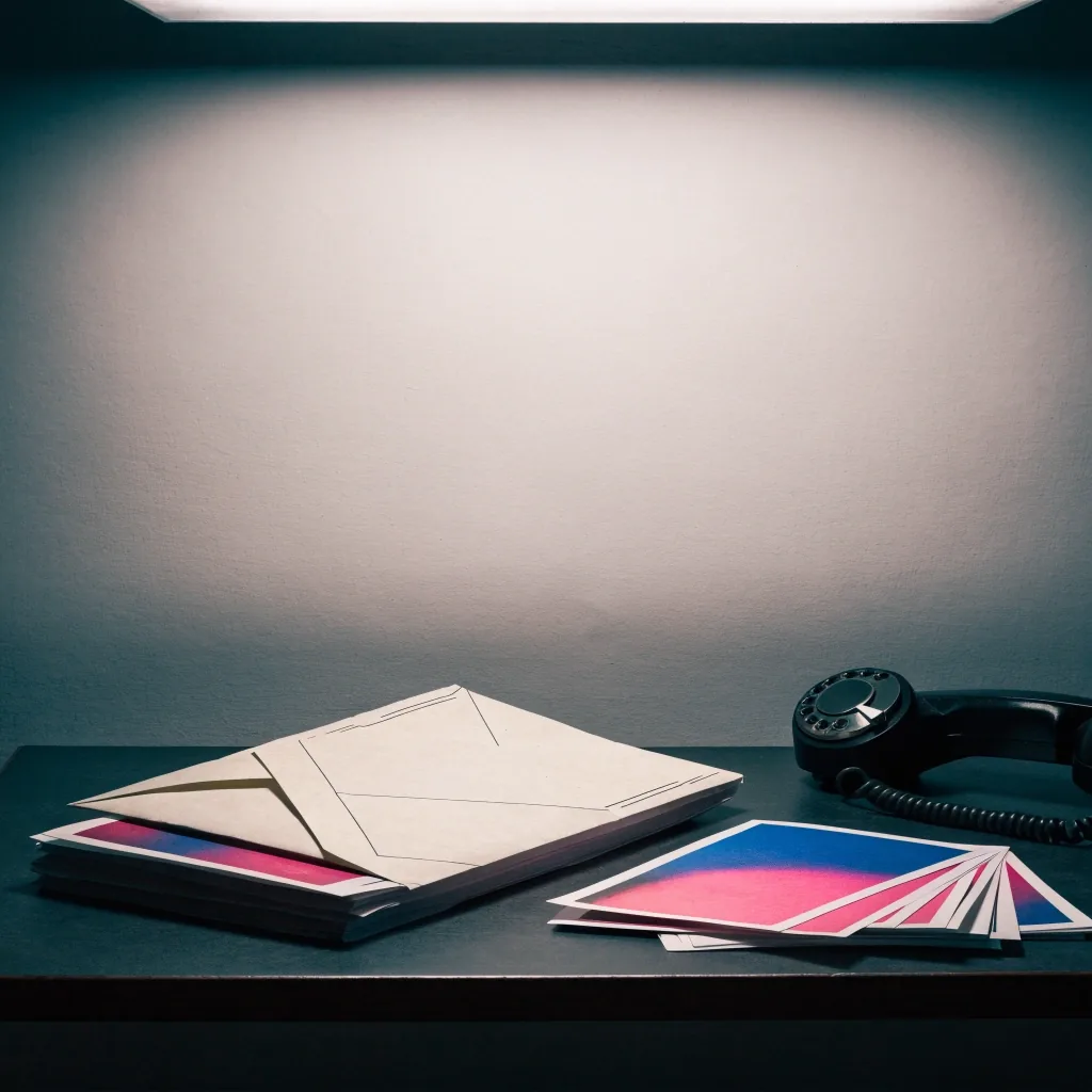 A studio desk with a telephone handset, a stack of unfiled proof sheets and a sealed envelope under overhead light