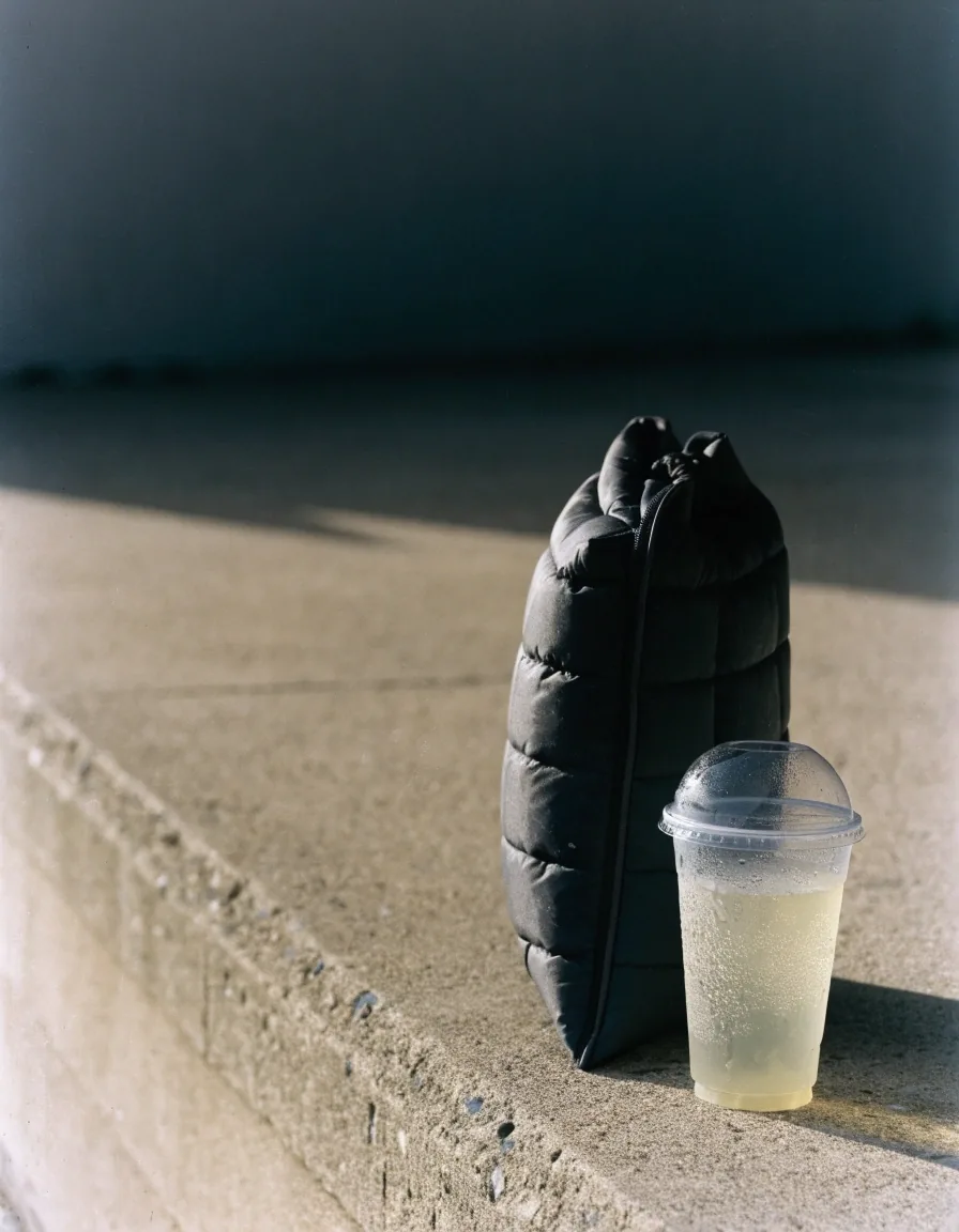 A closed insulated delivery bag and a cold drink cup on a doorstep in flat morning light