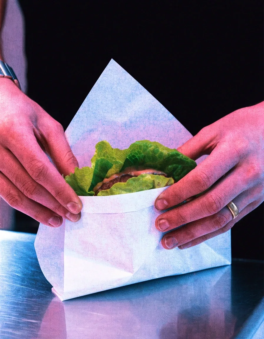 A hand pulling a lettuce-wrapped burger out of a plain unmarked wrapper on a flat studio surface