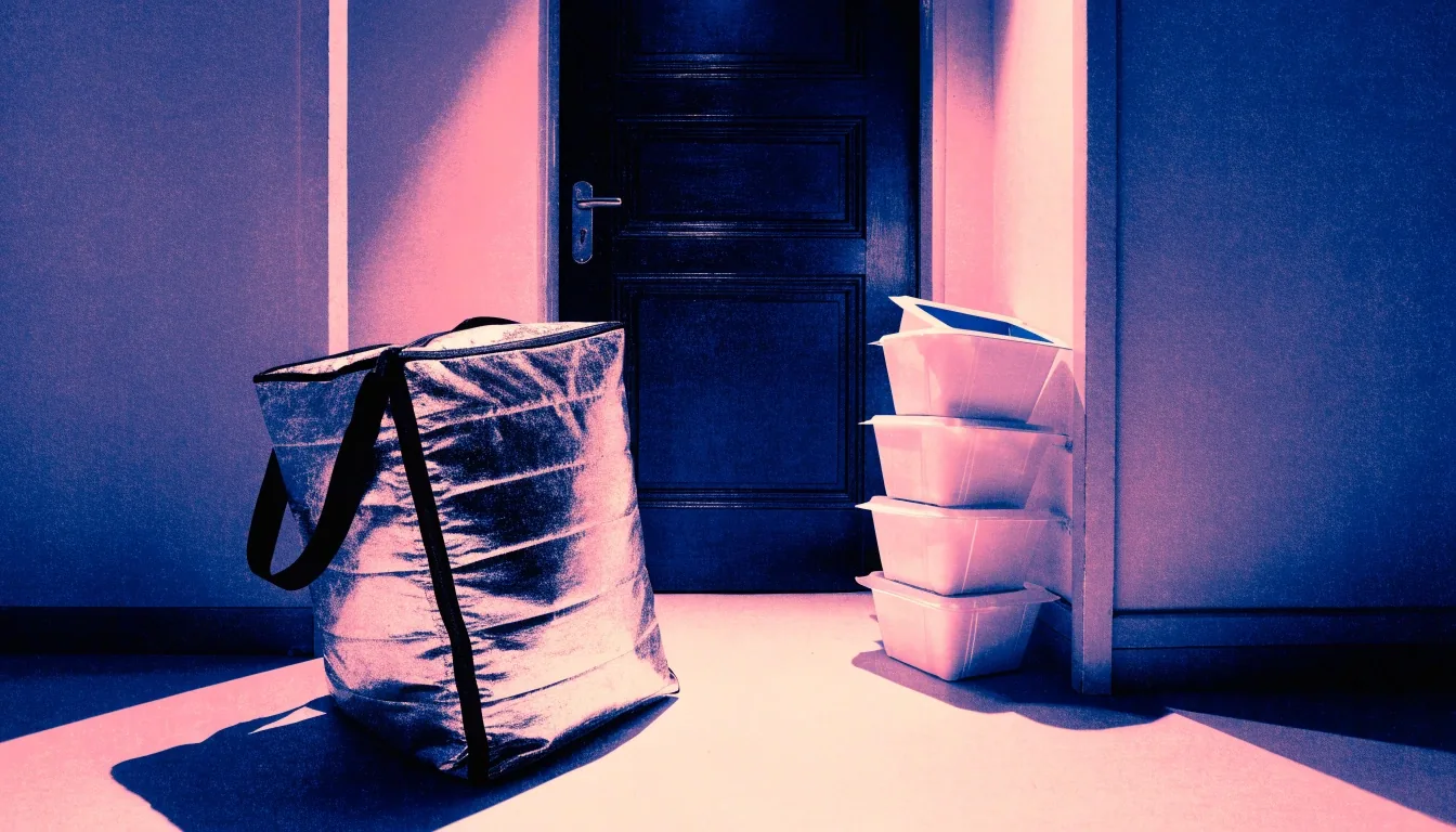 A closed insulated delivery bag on a doorstep with a cold drink beside it