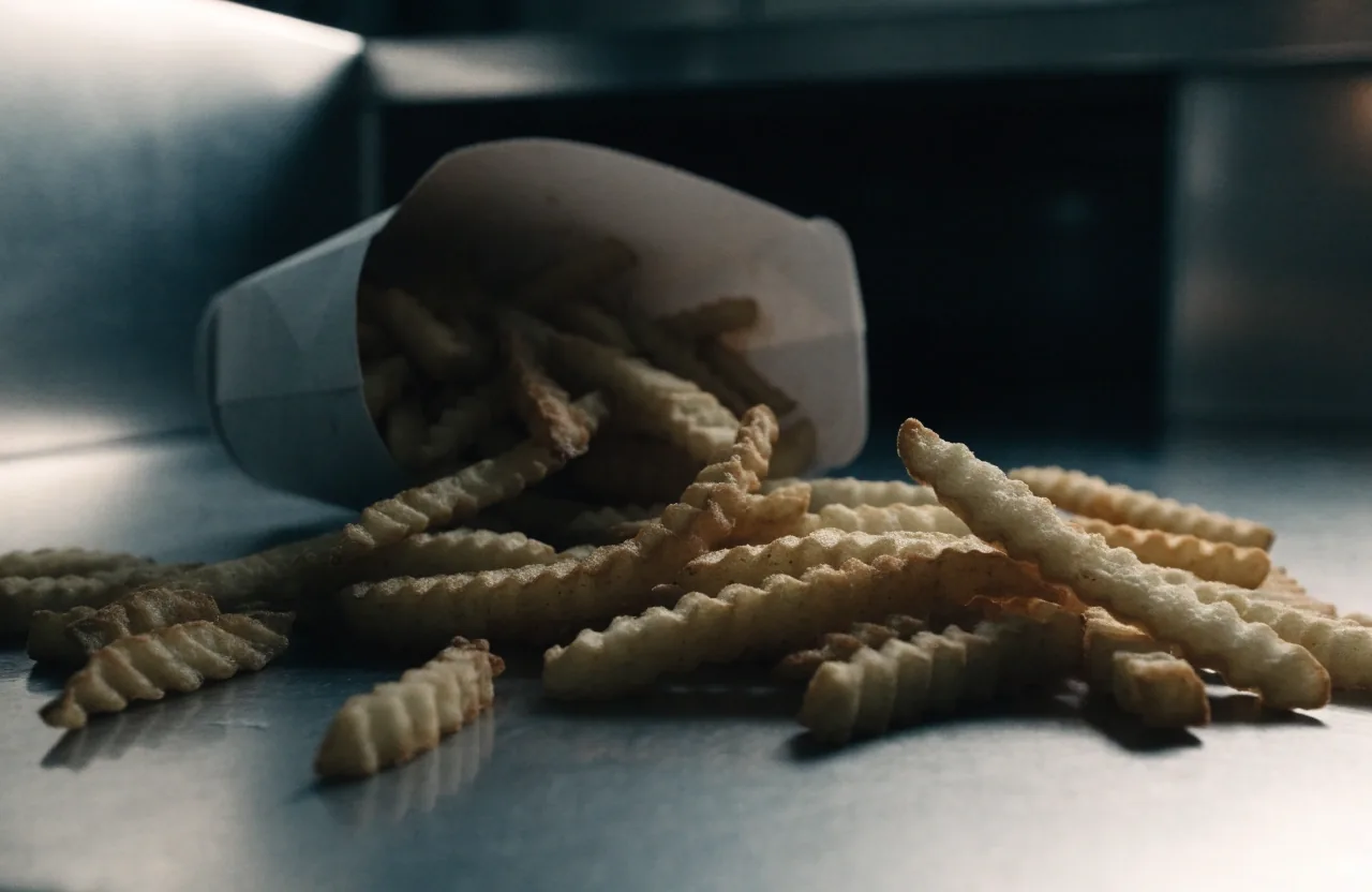 Crinkle-cut fries spilling from a paper sleeve onto a flat surface