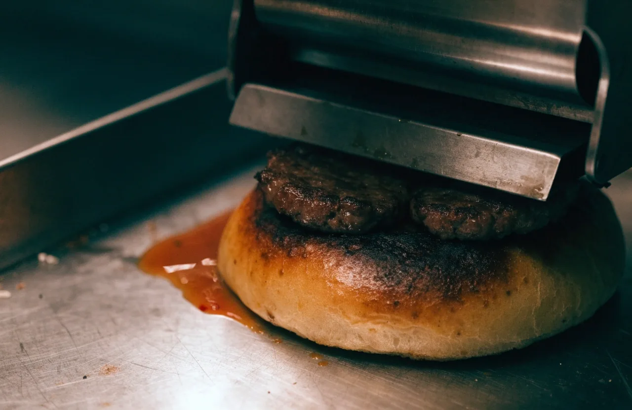 A burger cut in half on a board showing the filling cross-section