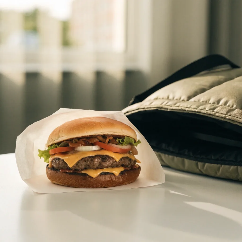 A wrapped chicken sandwich beside a closed insulated delivery bag