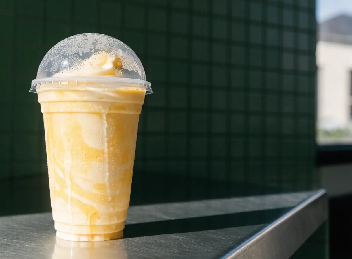 A chilled shake in a clear cup with condensation on the outside
