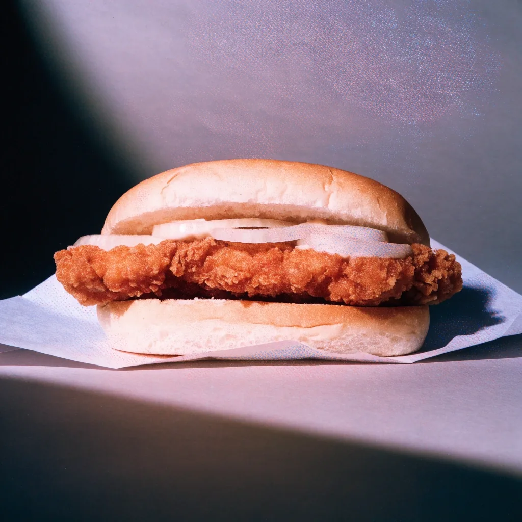 A fried chicken sandwich on plain wrapper paper under raking studio light
