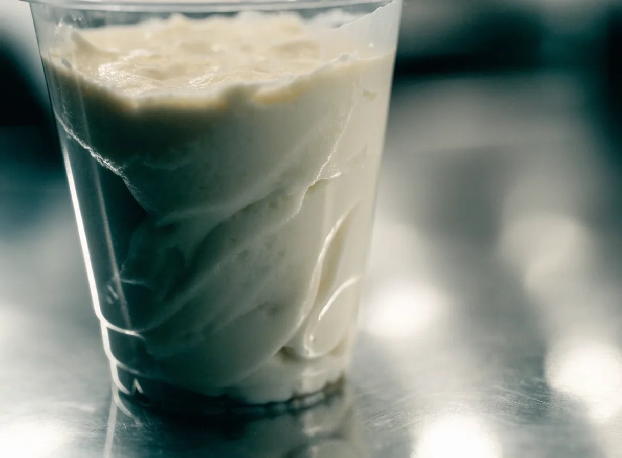 A frozen custard swirl viewed from above in a clear cup