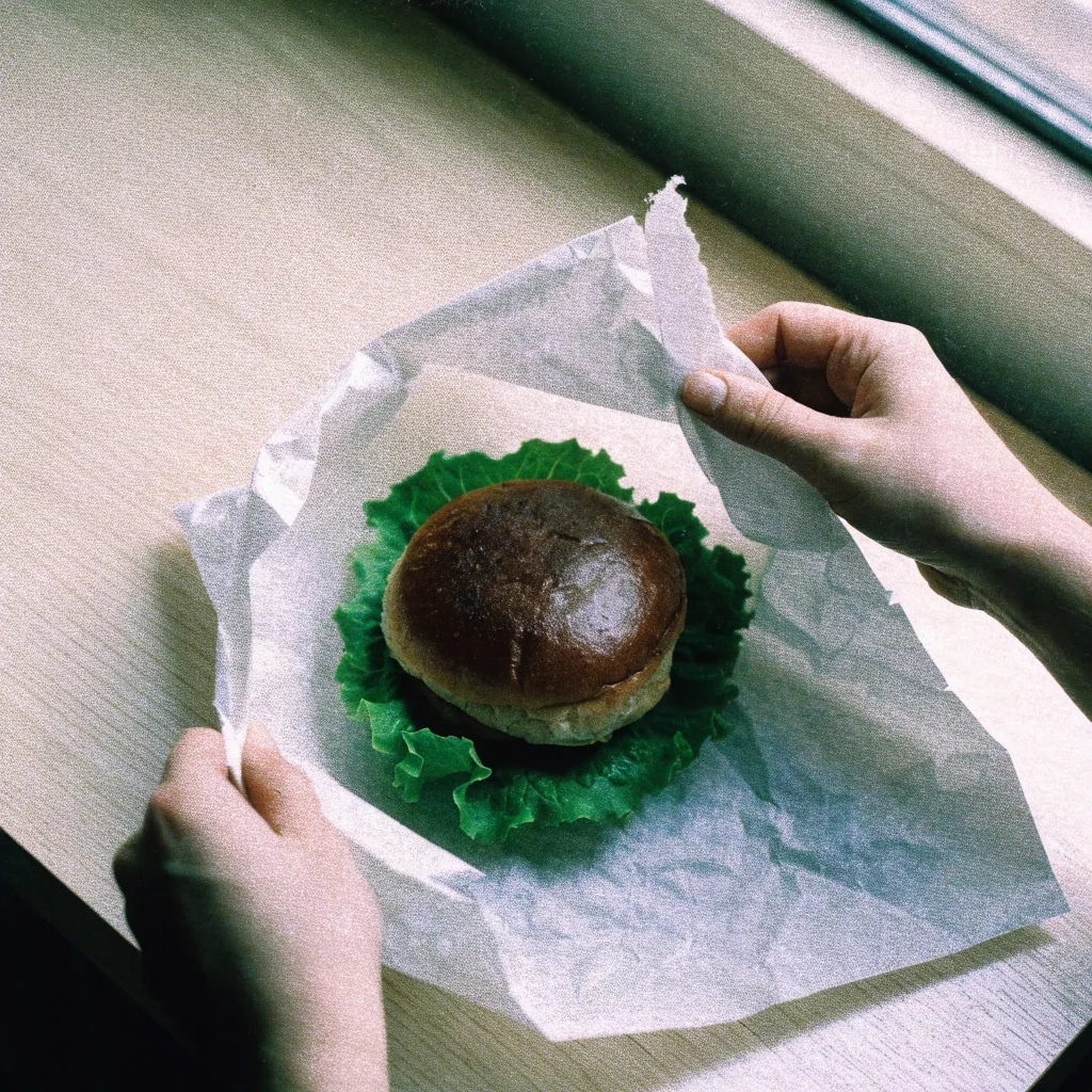 Hands lifting a lettuce-wrapped burger from plain wrapper paper