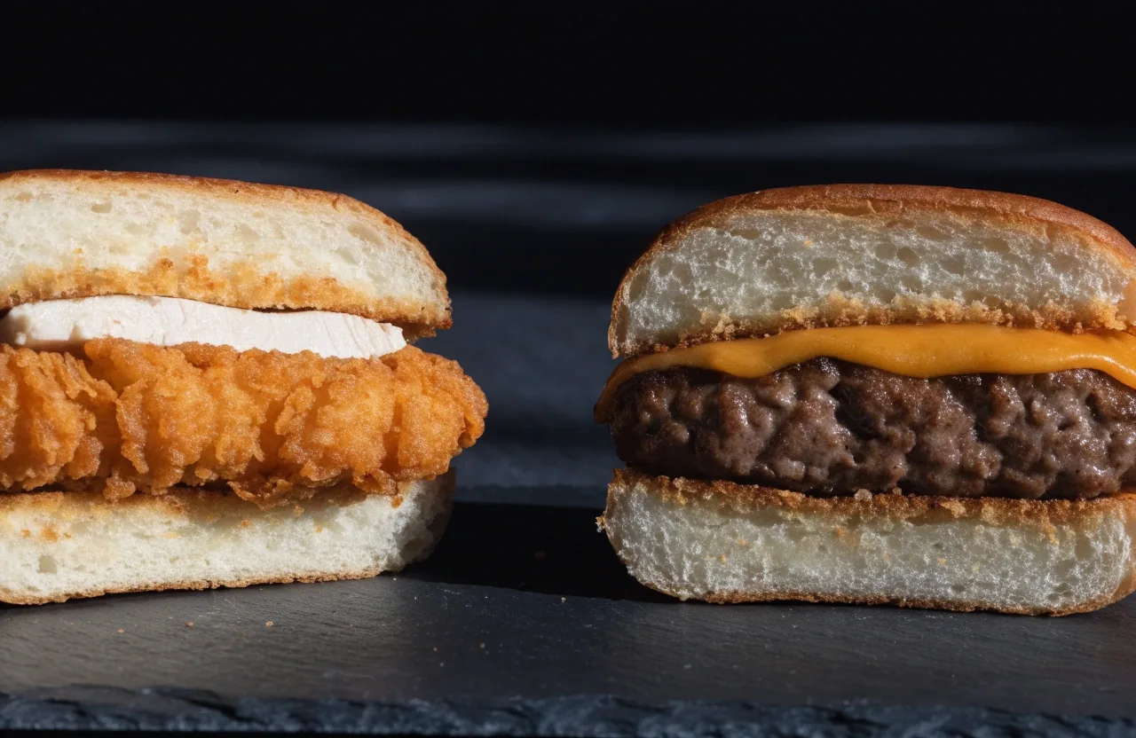 A chicken sandwich and a beef burger cut in half on a dark board, cross-sections facing up