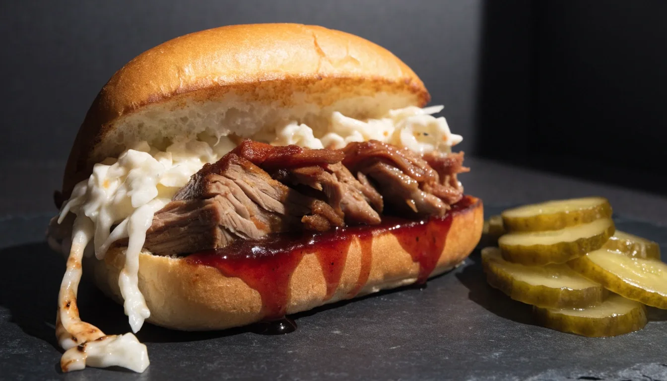 A rib sandwich with slaw spilling off the bun and pickles stacked beside it on a dark surface