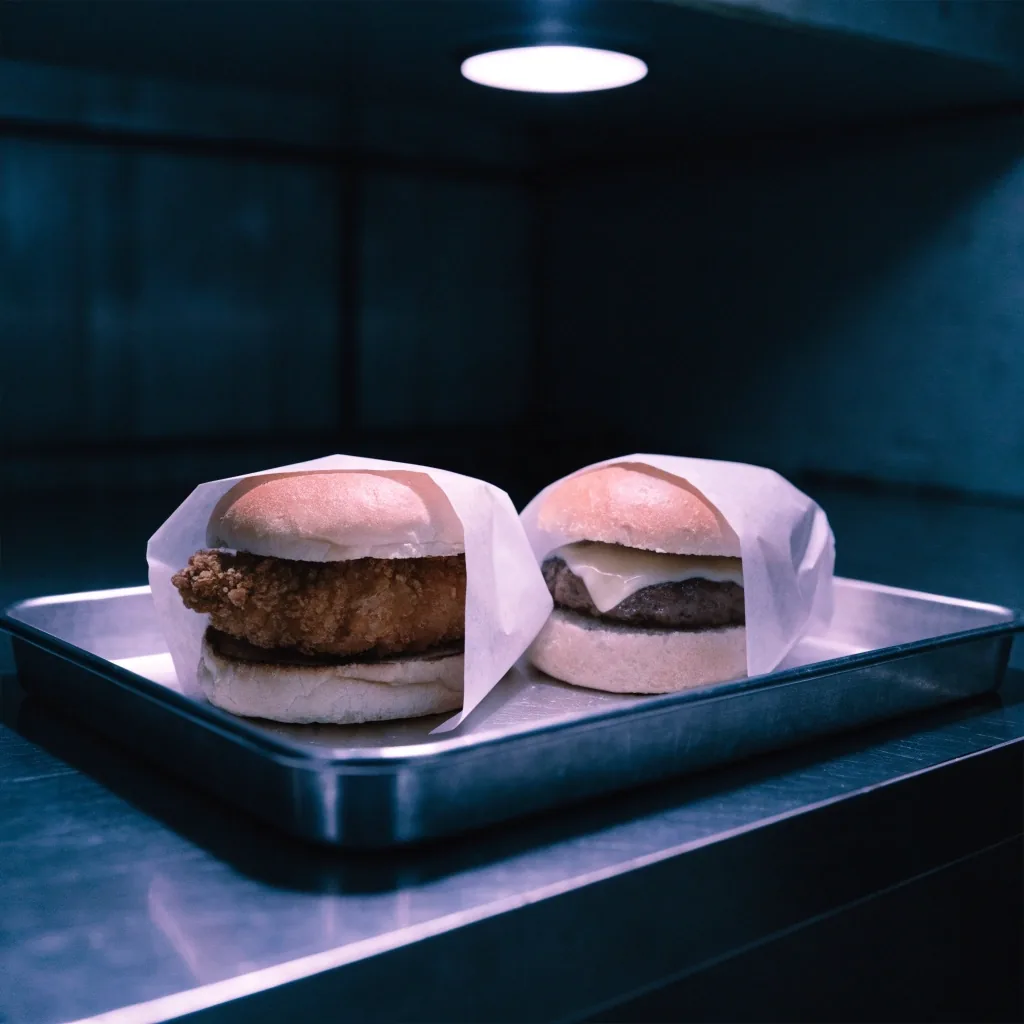 A fried chicken sandwich beside a beef burger on plain wrap paper under hard side light