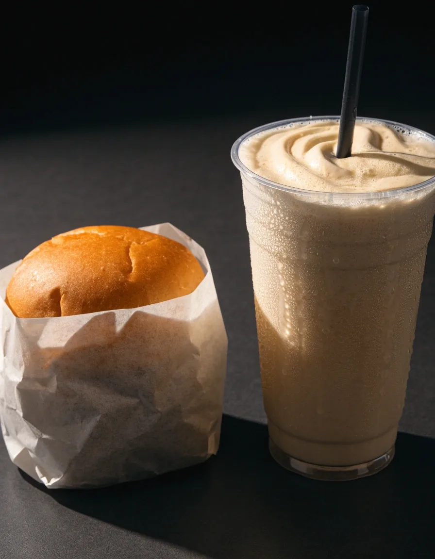 A single-patty burger on wrap paper beside a chilled shake with condensation on the cup