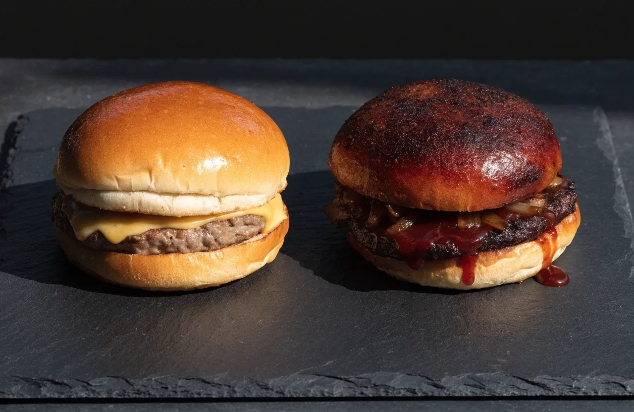 Two burgers on a dark board, one plain and one with a darker smoky sauce running down the side