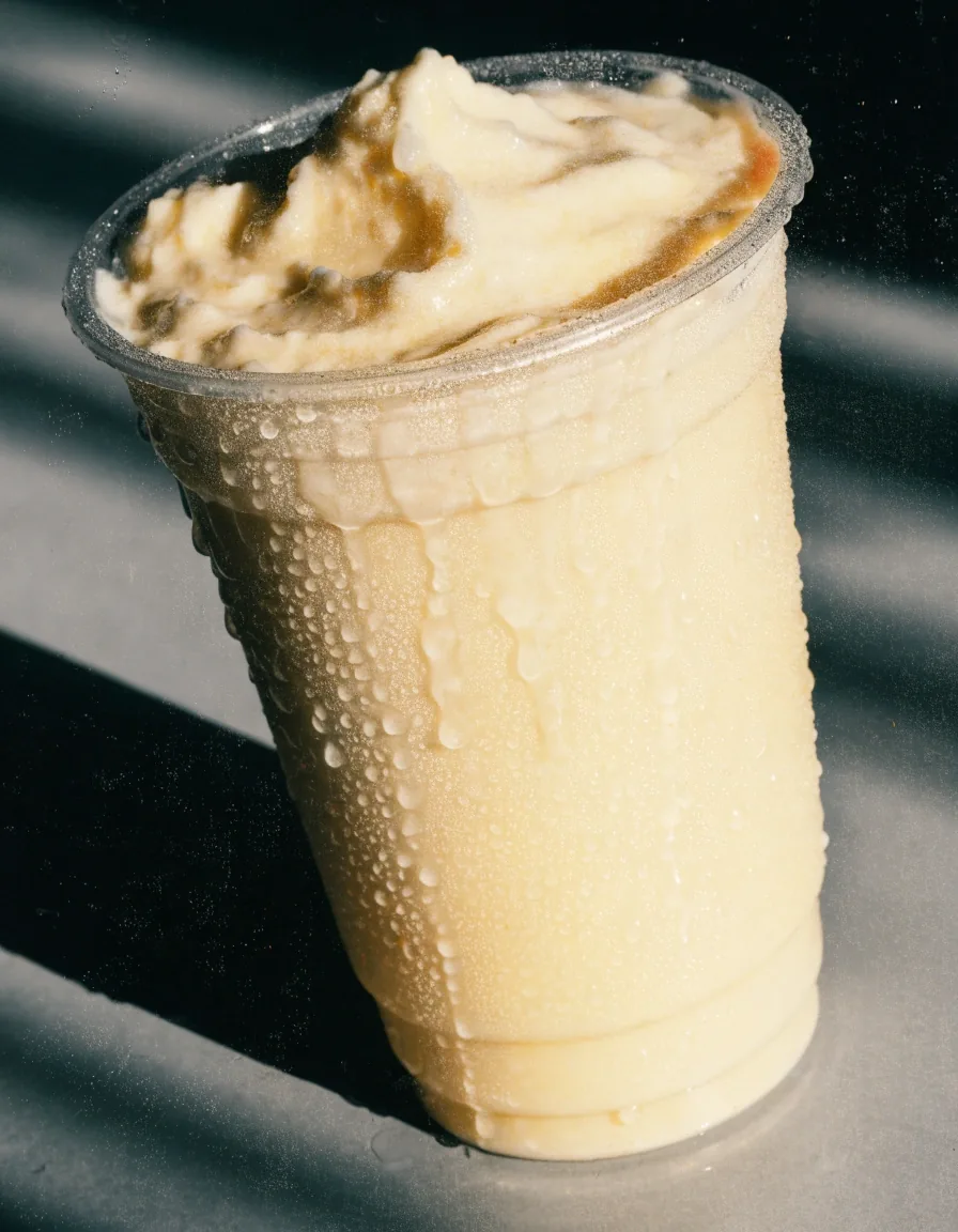 A vanilla frozen custard shake in a clear cup beading with condensation on a plain matte table under raking side light