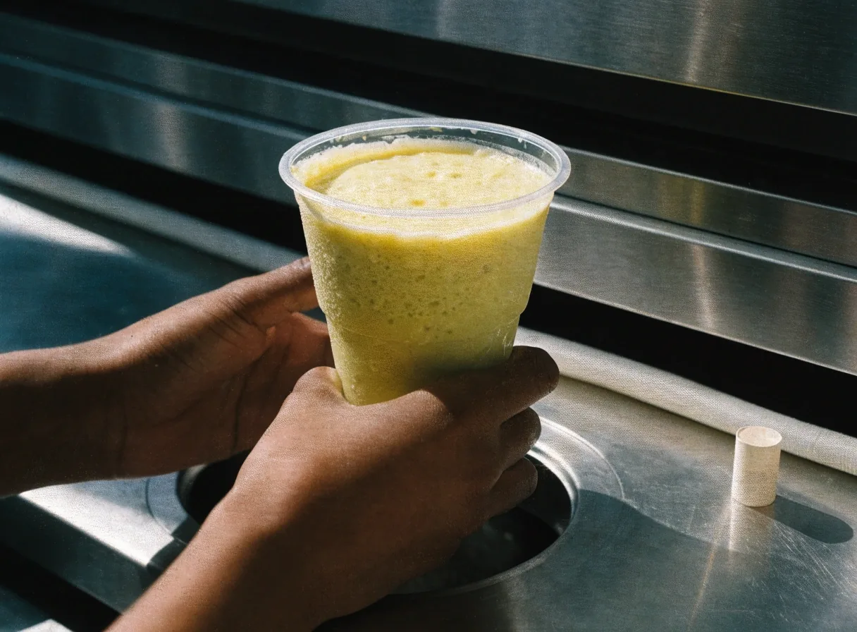 Frozen custard shake with a lime-green tint seen from above the cup rim