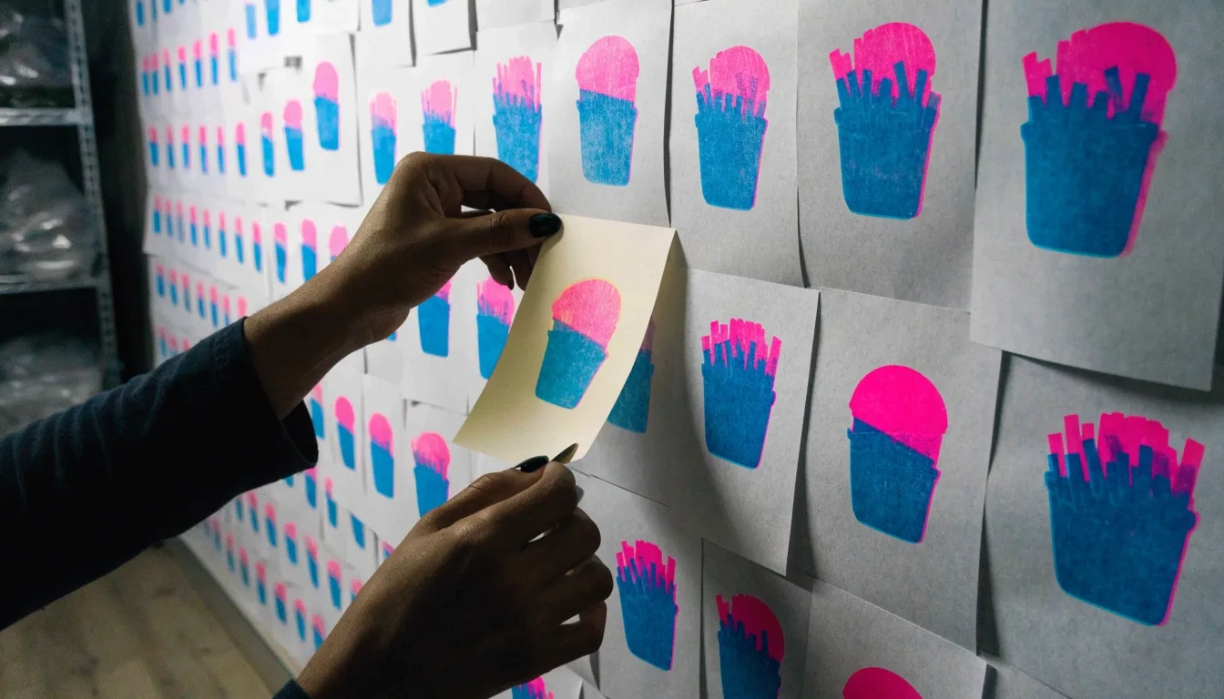 Off-register risograph proof sheets of limited-time menu items pinned in a stack