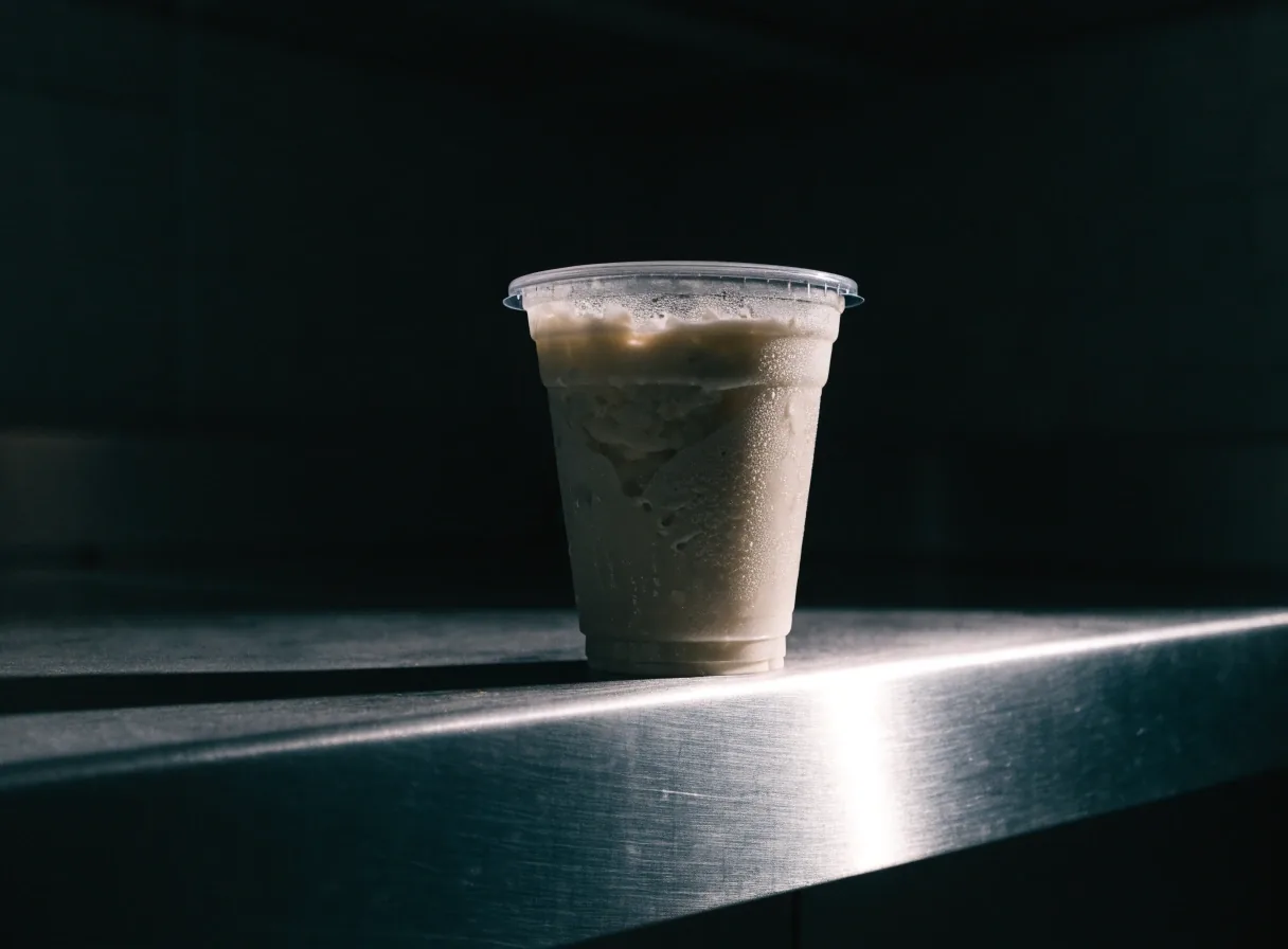 A carton of crinkle-cut fries topped with cheese sauce under raking light