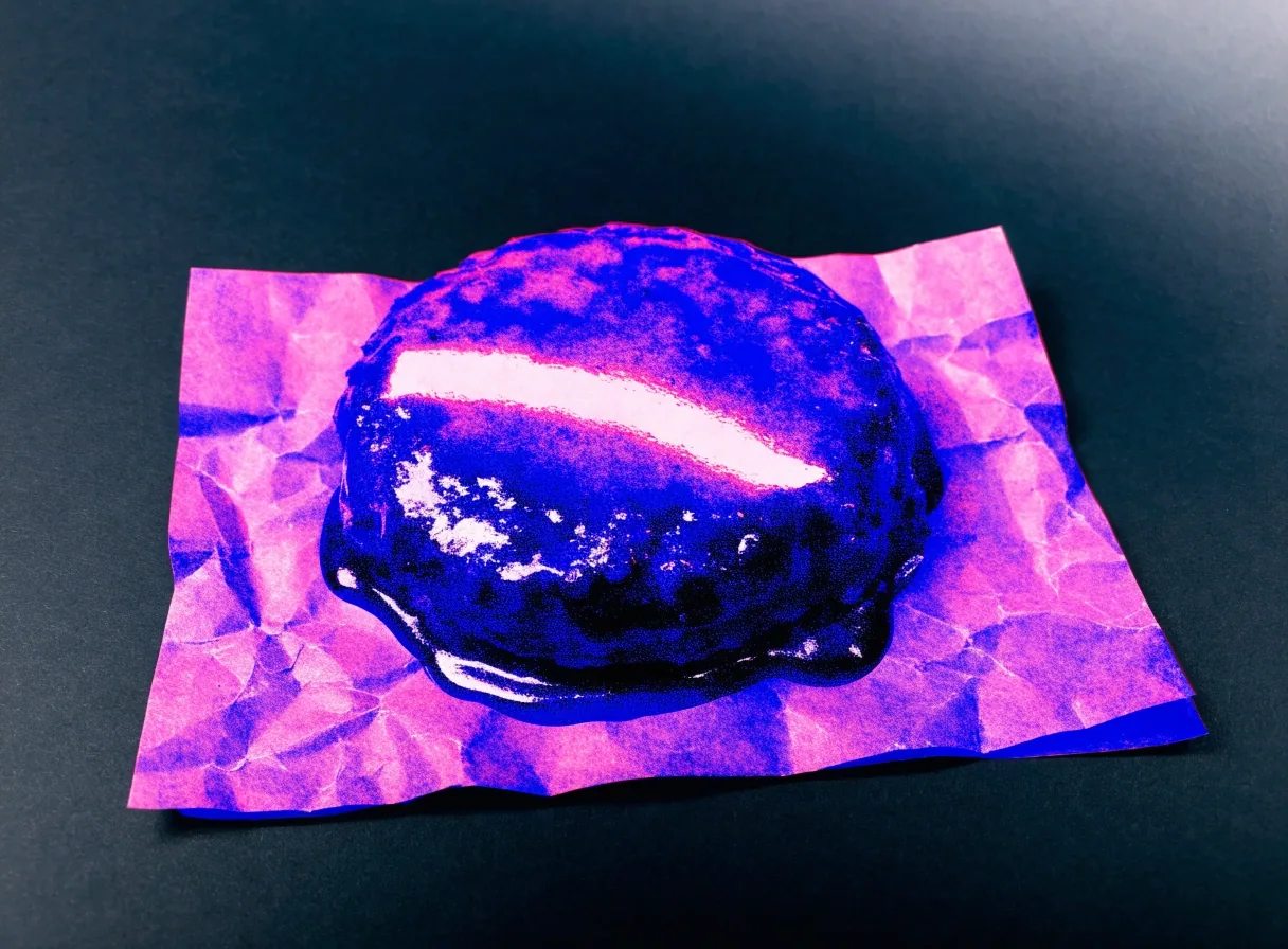 A barbecue-glazed patty on plain wrapper paper under raking light