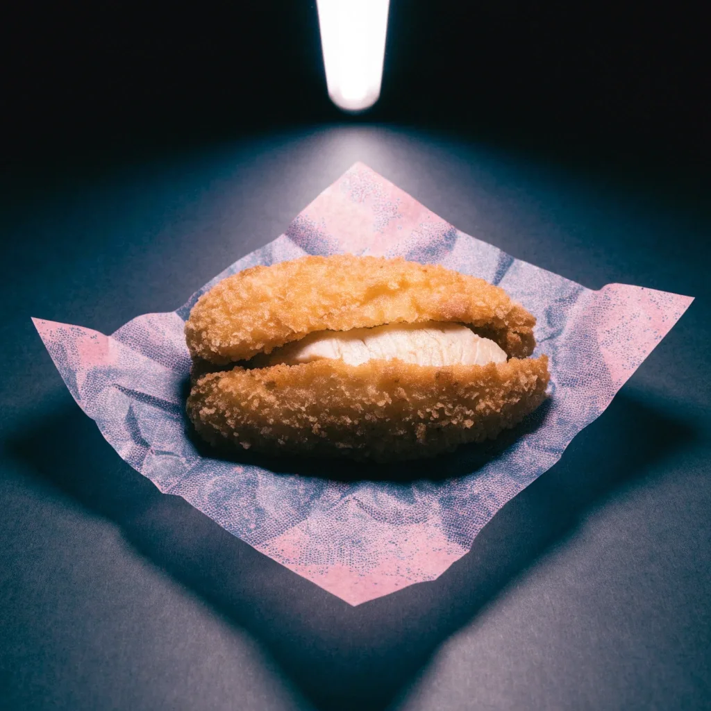 A breaded chicken fillet on plain paper with the coating broken open under side light