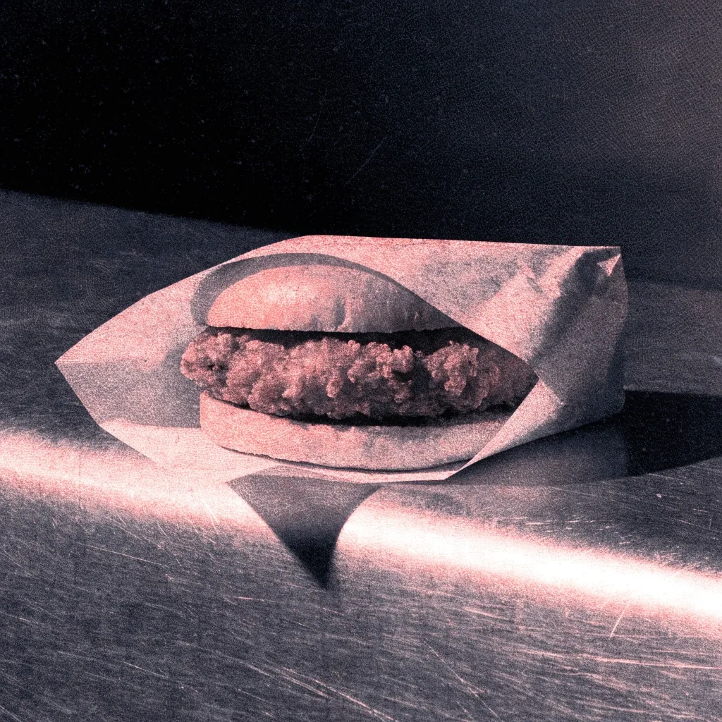 A hand lifting a fried chicken sandwich out of plain wrapper paper under hard side light