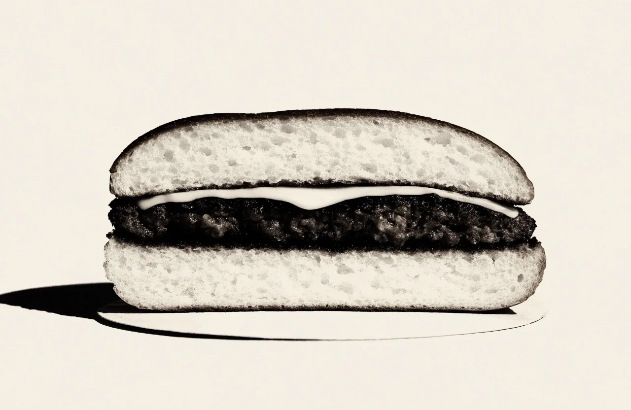 Two-ink proof plate of a cheeseburger cut in half on a plain board showing the patty, cheese and bun crumb cross-section