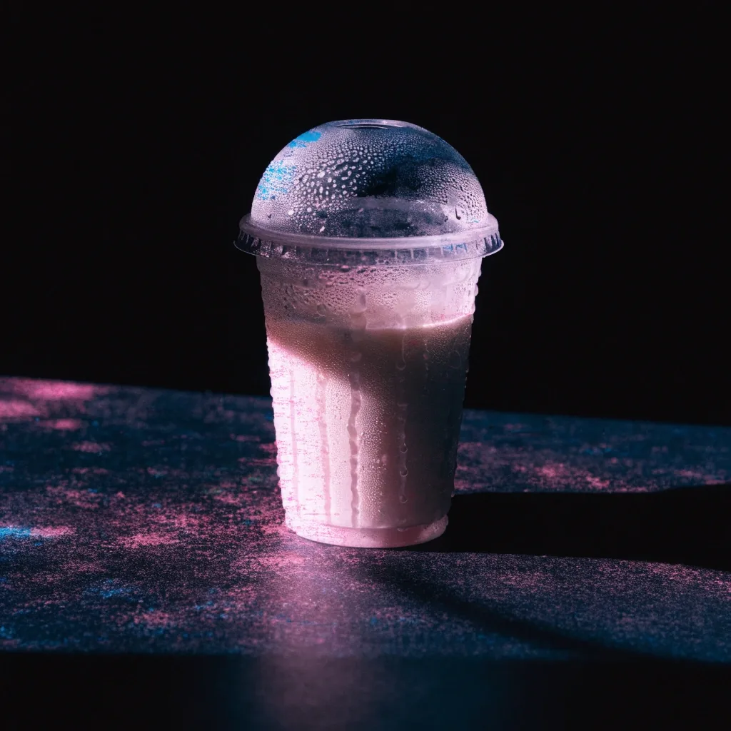 Two-ink proof plate of a chilled shake in a plain clear cup with condensation on a dark counter