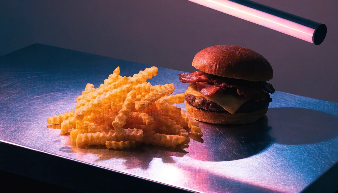 Two-ink proof pull of a chicken sandwich on bare wrapper paper under hard side light on a flat counter