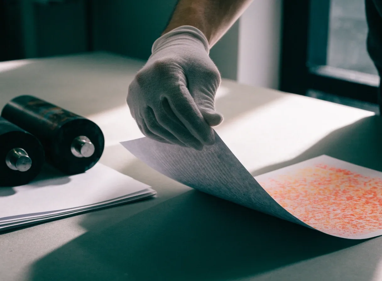 A halftone test sheet on a flat studio surface under overhead light